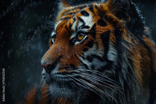 Detailed and powerful close-up of a tiger's face with raindrops, highlighting the raw beauty of wildlife