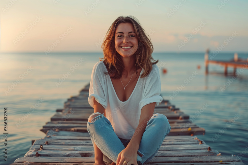 happy woman sitting on the pier and smiling, happiness or inspiration concept, enjoy life