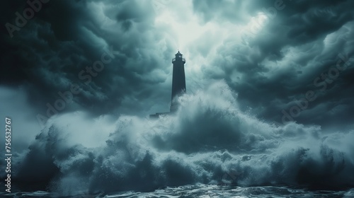 A dramatic coastline with crashing waves and a lighthouse standing tall against a stormy sky.