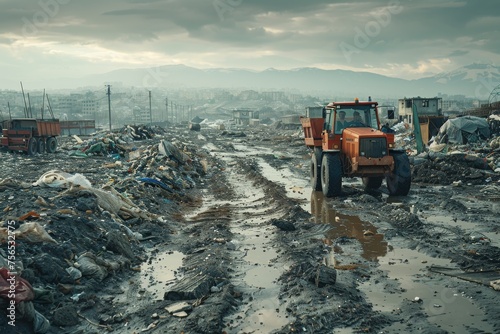 A powerful image depicting heavy equipment amongst piles of waste with mountains in the background photo