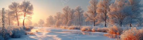 Winter landscape with trees covered with hoarfrost. Panorama