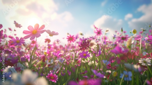 A field of cosmos flowers  their vibrant colors harmonizing in a mesmerizing dance beneath the open sky.