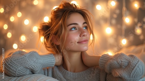 Beautiful young woman in warm sweater at home