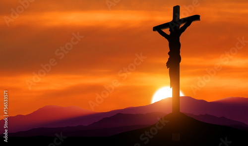 Crucifixion of Jesus Christ. Cross at sunset. 3d illustration