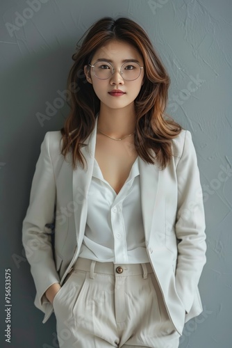 Asian business woman, wearing glasses, wearing a beautiful white suit.