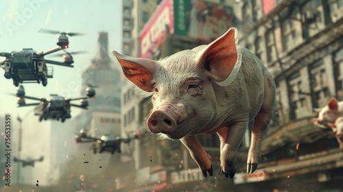 An futuristic interpretation of flying pigs accompanied by robotic drones in a futuristic urban skyline 3D style