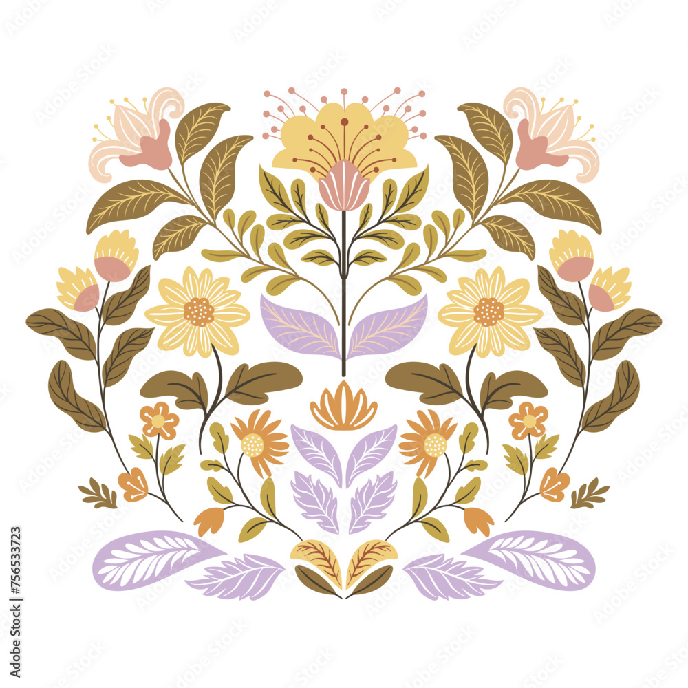 custom made wallpaper toronto digitalPostcard or poster made from folk art elements. Folk flora and fauna vector illustration isolated on white background. Hand drawn folk flowers. Scandinavian traditional motif