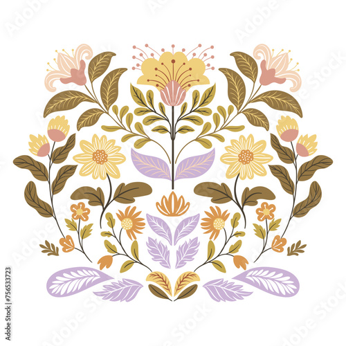 Postcard or poster made from folk art elements. Folk flora and fauna vector illustration isolated on white background. Hand drawn folk flowers. Scandinavian traditional motif