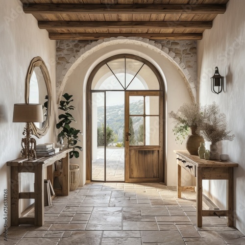 Rustic Farmhouse Entrance  Wooden Arched Door and Console Table in Mediterranean Hallway with Stone Tiled Floor