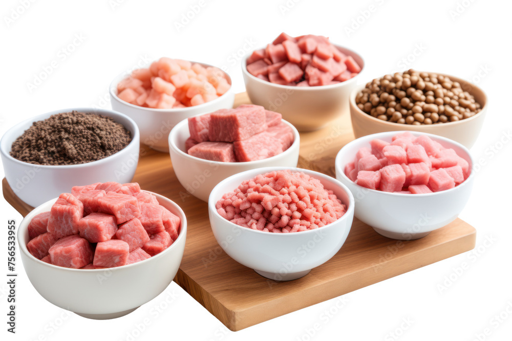 Various forms of agricultural protein such as cubes, minced pork and minced chicken are placed in bowls and lined up on wooden tables. Highlighted variety isolated on transparent background. Various forms of agricultural protein such as cubes, minced pork and minced chicken are placed in bowls and lined up on wooden tables. Highlighted variety isolated on transparent background.