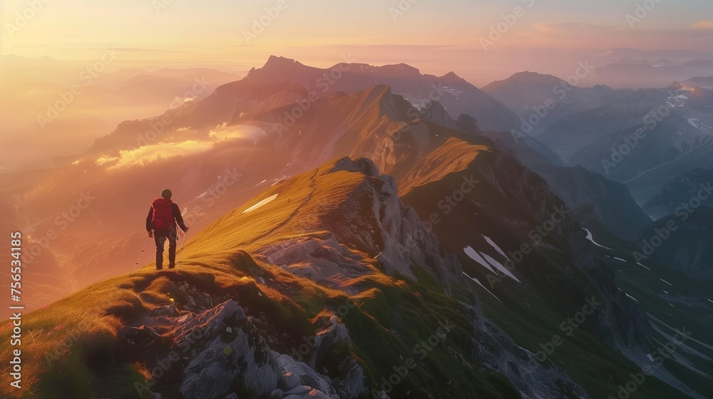 A lone hiker traverses a majestic mountain ridge bathed in the golden light of sunrise.