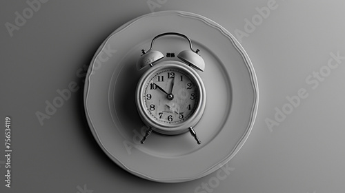 conceptual image of an alarm clock served on a plate symbolizing the importance of timely meals in a balanced diet and daily routine high-resolution photo