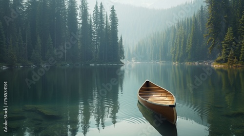 A lone canoe gliding across the glassy surface of a calm lake surrounded by towering pine trees. © Dave