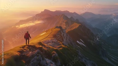 A lone hiker traverses a majestic mountain ridge bathed in the golden light of sunrise.