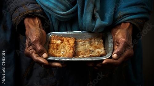 Woman holding a box of food for impoverished individuals in need of assistance and provision photo