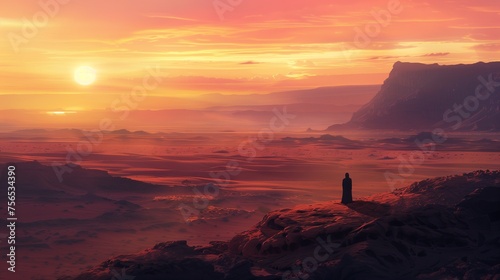 A lone traveler gazing at the awe-inspiring expanse of a vast desert  touched by the soft glow of dawn.