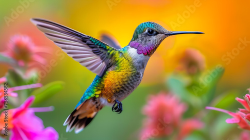 Hummingbird Among Flowers © EwaStudio
