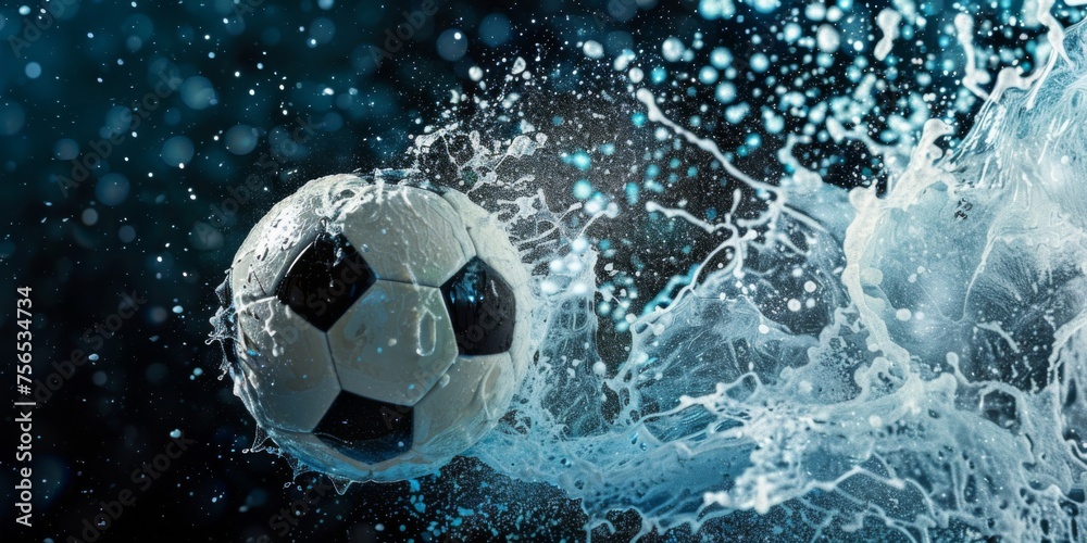 Naklejka premium Dynamic splash of digital pixels around a soccer ball, ideal for sports blogs.