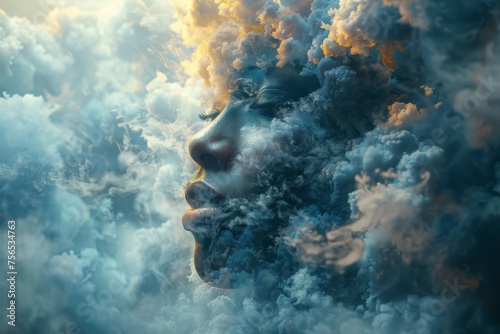 A mystical portrait of a woman's face seamlessly blended into billowing cloud formations, invoking a dreamlike essence
