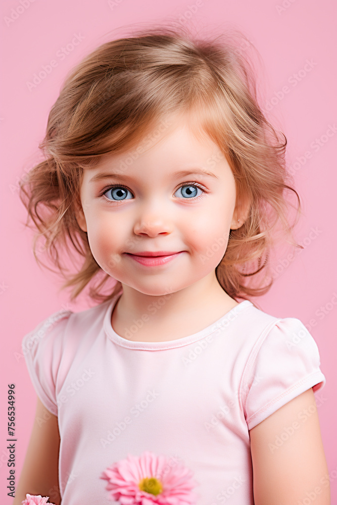 Happy Little Girl Portrait. Joyful Child in a Pink World Happy Little Girl Portrait. Joyful Child in a Pink World