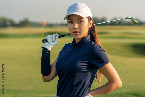 A woman is standing on a golf course, with a golf club resting on her shoulder. She is wearing a sleeveless top, smiling, and looking out at the grassland under the clear sky
