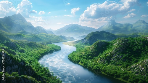 A meandering river carving its way through lush green mountains under a clear blue sky.