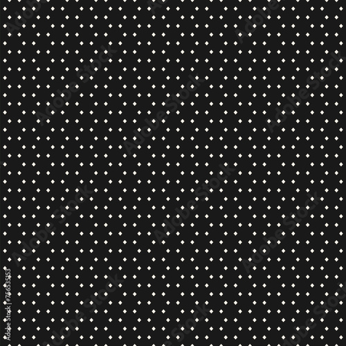 Black and white minimalist background. Vector seamless pattern with simple shapes, small rhombuses, tiny diamonds, dots in regular grid. Stylish minimal monochrome texture. Dark repeating geo design