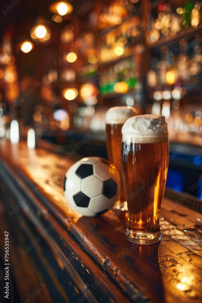 Soccer ball on a bar top with two frothy beers, match day special. Soccer ball on a bar top with two frothy beers, match day special.