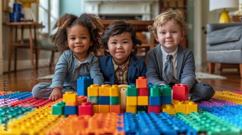 Three cute children dressed in business attire playing while sitting on a colorful rug surrounded by stacks of toy blocks and building materials