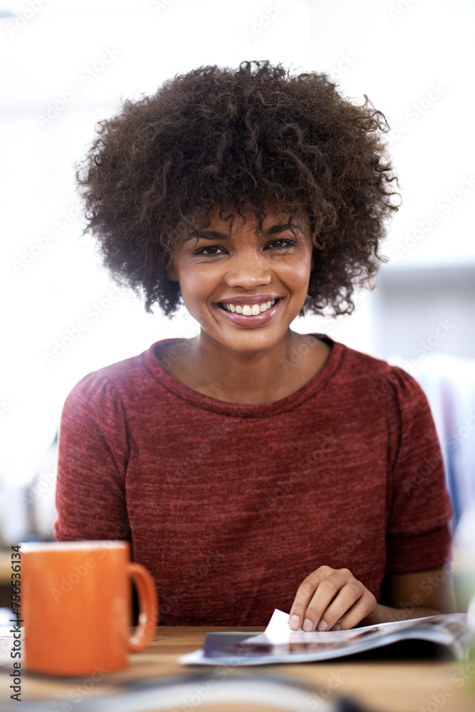 Woman, portrait and magazine in office or project research for startup trends for small business, brainstorming or review. Female person, face and article reading at agency or design, creative or job Woman, portrait and magazine in office or project research for startup trends for small business, brainstorming or review. Female person, face and article reading at agency or design, creative or job