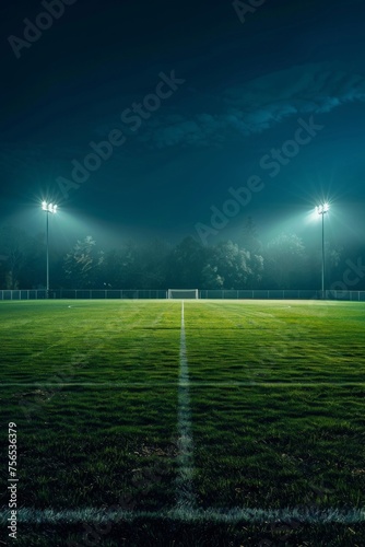 Soccer field illuminated by stadium lights, ready for night play.