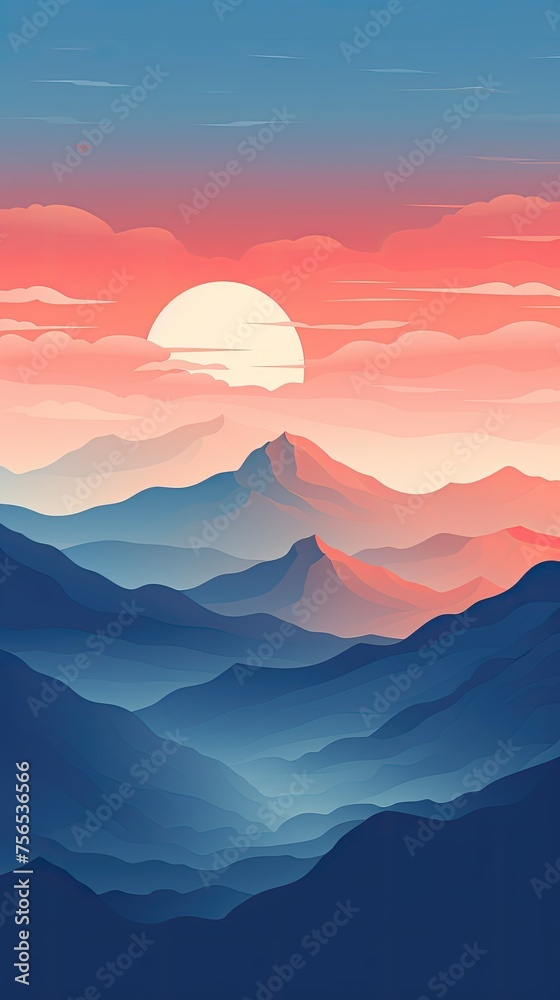 Sunset or Sunrise over the Mountains. Minimal Flat Vector Illustration Art of Mountain Peak. Nature Travel Poster Design, Winter Landscape Background Sunset or Sunrise over the Mountains. Minimal Flat Vector Illustration Art of Mountain Peak. Nature Travel Poster Design, Winter Landscape Background