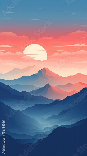 Sunset or Sunrise over the Mountains. Minimal Flat Vector Illustration Art of Mountain Peak. Nature Travel Poster Design, Winter Landscape Background