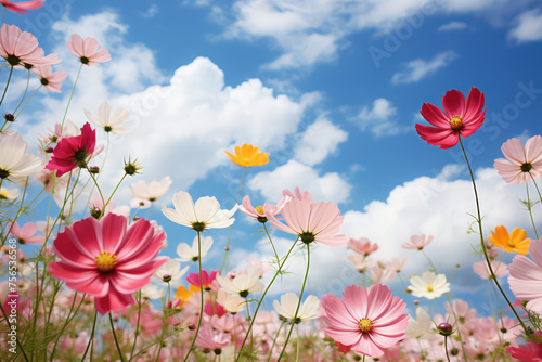 Cosmos flower on blue sky background. Generative ai.