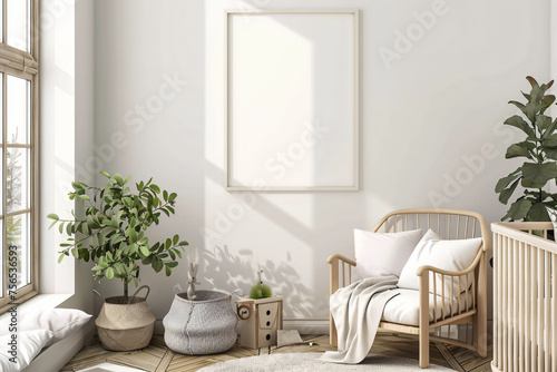 a simple mockup of a blank poster in a minimalist nursery © HejPrint