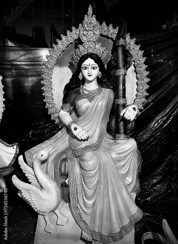 Devi Saraswati: The Hindu goddess of knowledge, a Black and white photo