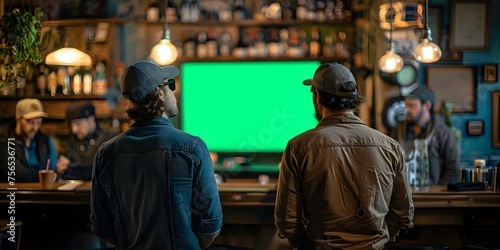 Men watching a green screen in a bar setting perfect for advertising . Concept Green Screen Advertising, Bar Scene, Men Watching, Marketing Campaign, Pub Environment