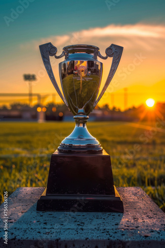 Trophy cup on a pedestal with a soccer field backdrop at dawn.