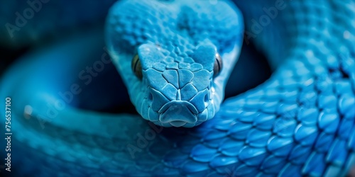 Closeup of a vibrant blue viper snake showcasing its captivating facial features. Concept Animal Portraits, Vibrant Blue Viper, Close-up Shot, Captivating Facial Features photo