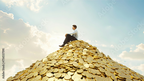 A man lies on a mountain of gold coins
