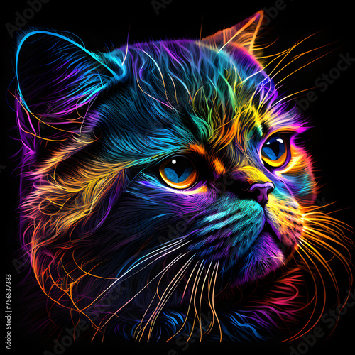 Exotic Shorthair cat kitten kitty in abstract, graphic highlighters lines rainbow ultra-bright neon artistic portrait, commercial, editorial advertisement, surrealism. Isolated on dark background	
