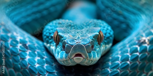 Close-up of the vibrant blue viper snake's face. Concept Wildlife Photography, Animal Close-ups, Exotic Reptiles, Blue Viper Snake photo