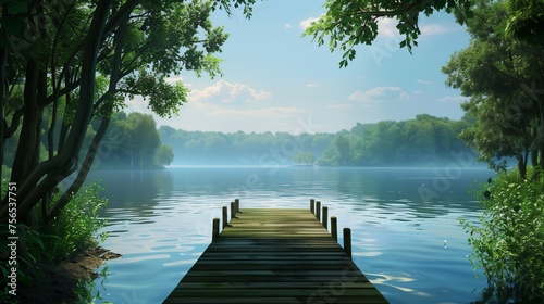 A serene lakeside scene with a wooden dock stretching into calm waters, surrounded by lush greenery and clear skies.