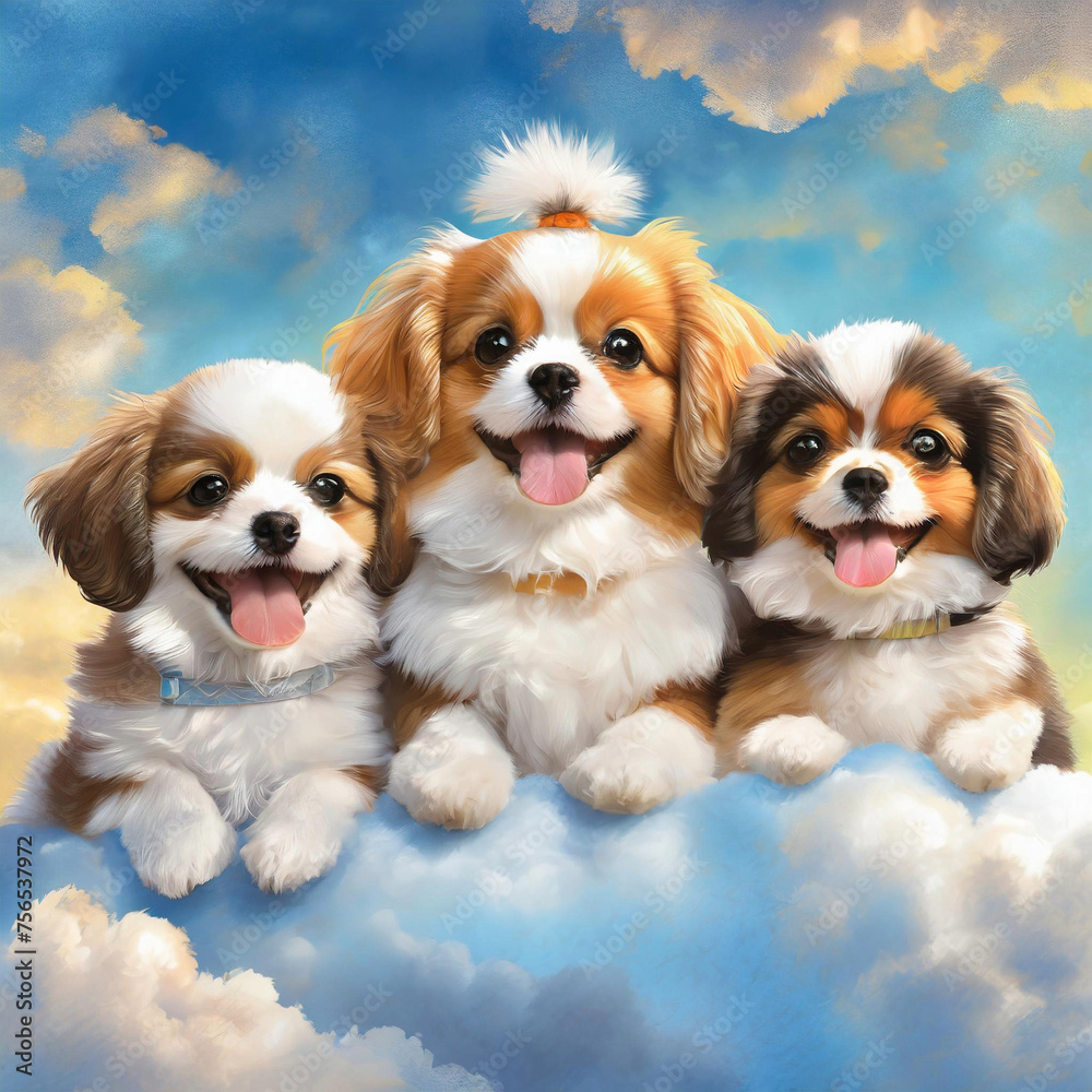구름 위에서 행복하게 웃는 강아지