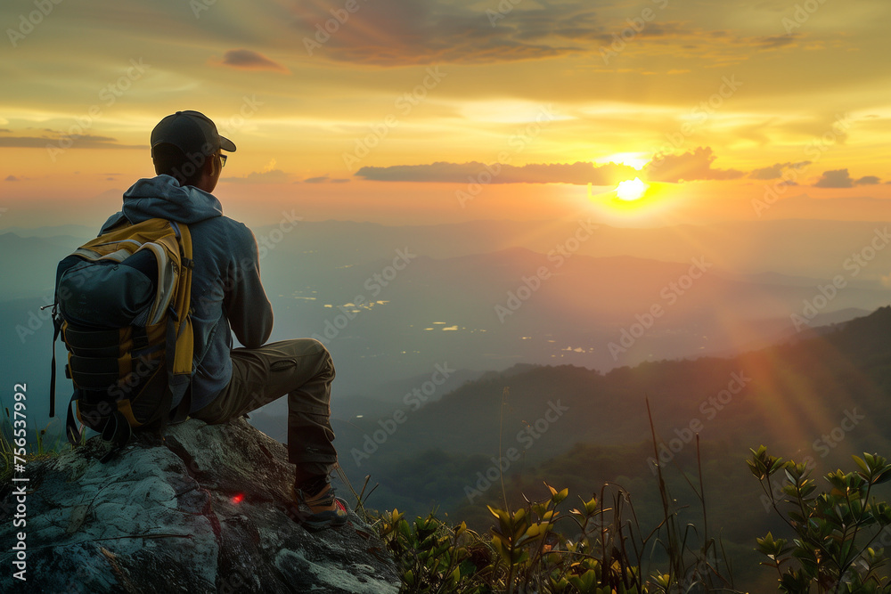 A man who hikers enjoys a break look at the top of the mountain at sunset adventure travel A man who hikers enjoys a break look at the top of the mountain at sunset adventure travel