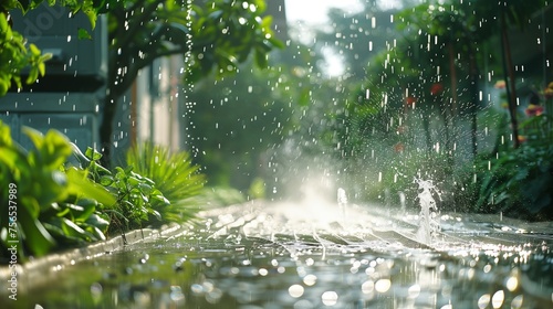 A smart irrigation system activating during a heatwave, ensuring water efficiency in sustainable landscaping.