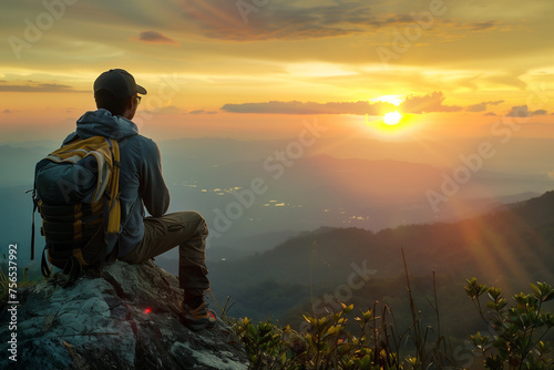 A man who hikers enjoys a break look at the top of the mountain at sunset adventure travel