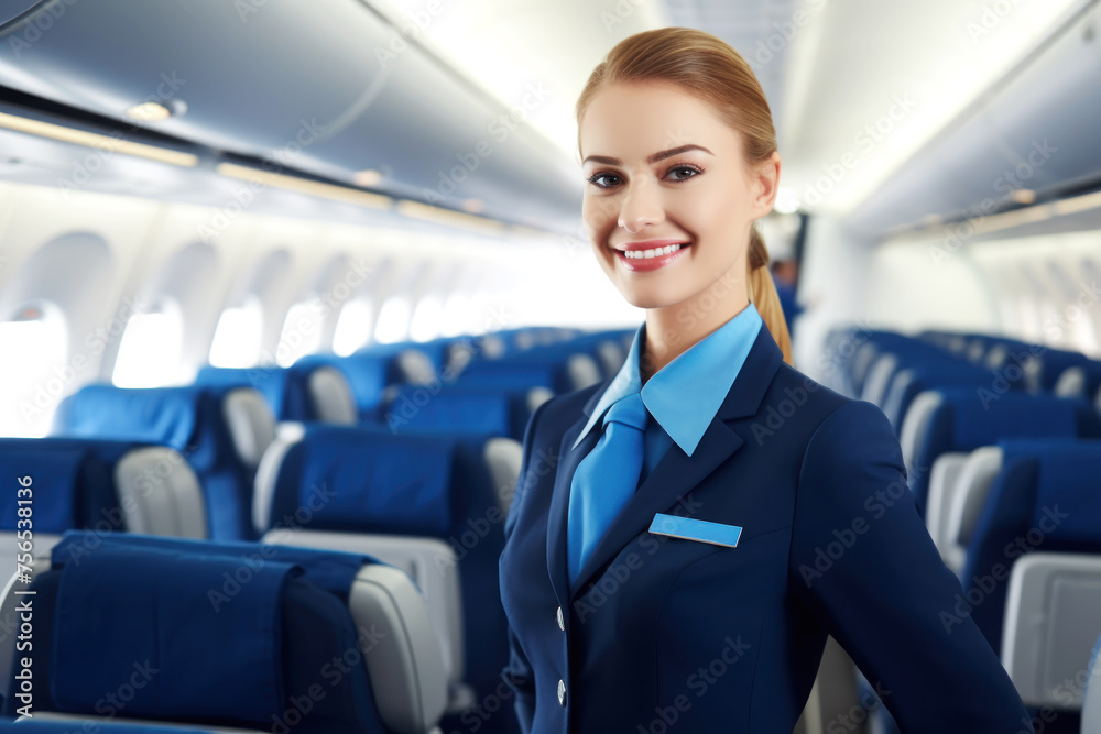 Flight attendant standing among airplane seats Flight attendant standing among airplane seats