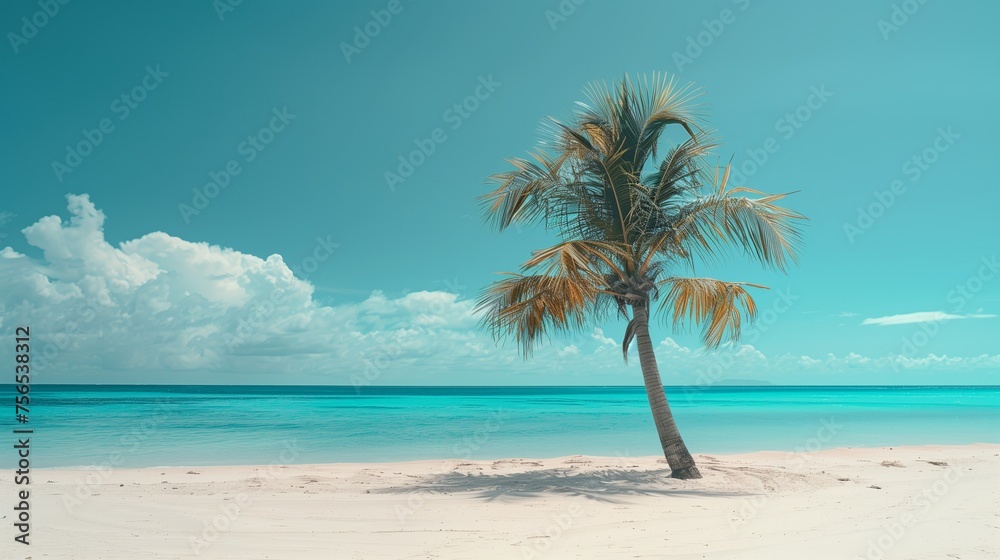 A solitary palm tree on a pristine beach, framing the expanse of the turquoise ocean beyond.