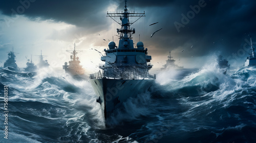 Warship on a Maritime Mission. Navy Warship at Sea © EwaStudio